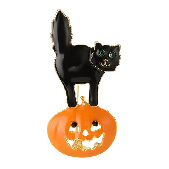 Halloween Black Cat and Pumpkin Brooch Enamel Pin Spooky Cute Lapel Jewelry Gift - Picture 1 of 5